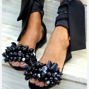 Elina Linardaki Satin Tie Up Gloria Black Leather Beaded Sandals size 35 US 5
